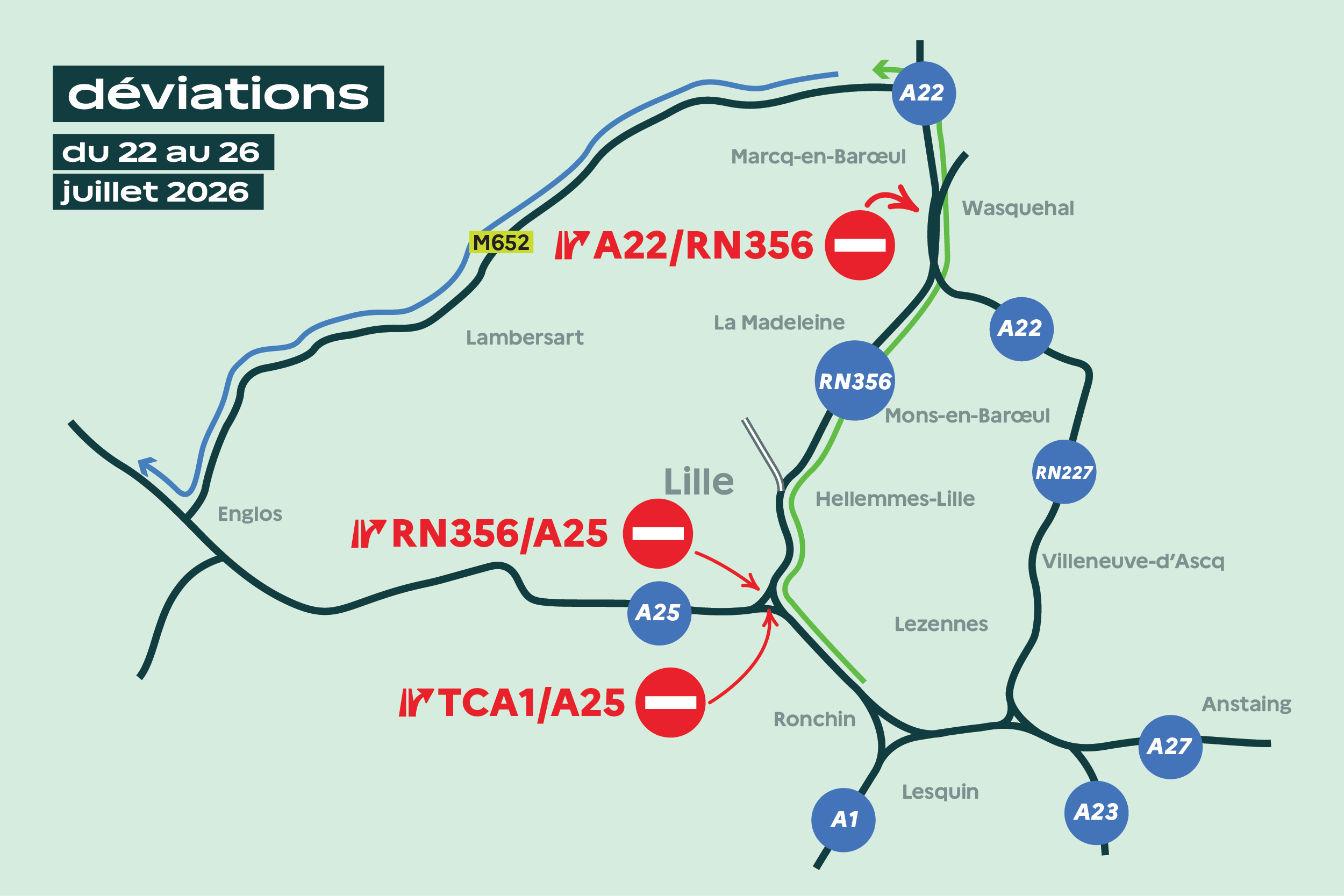 Carte des déviations pour la phase 3 - voir la transcription ci-dessous