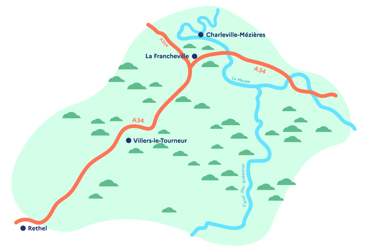 Carte schématique situant l’A34 et le canal des Ardennes entre Rethel et Charleville-Mézières, avec La Francheville et Villers-le-Tourneur au cœur d’un massif forestier.