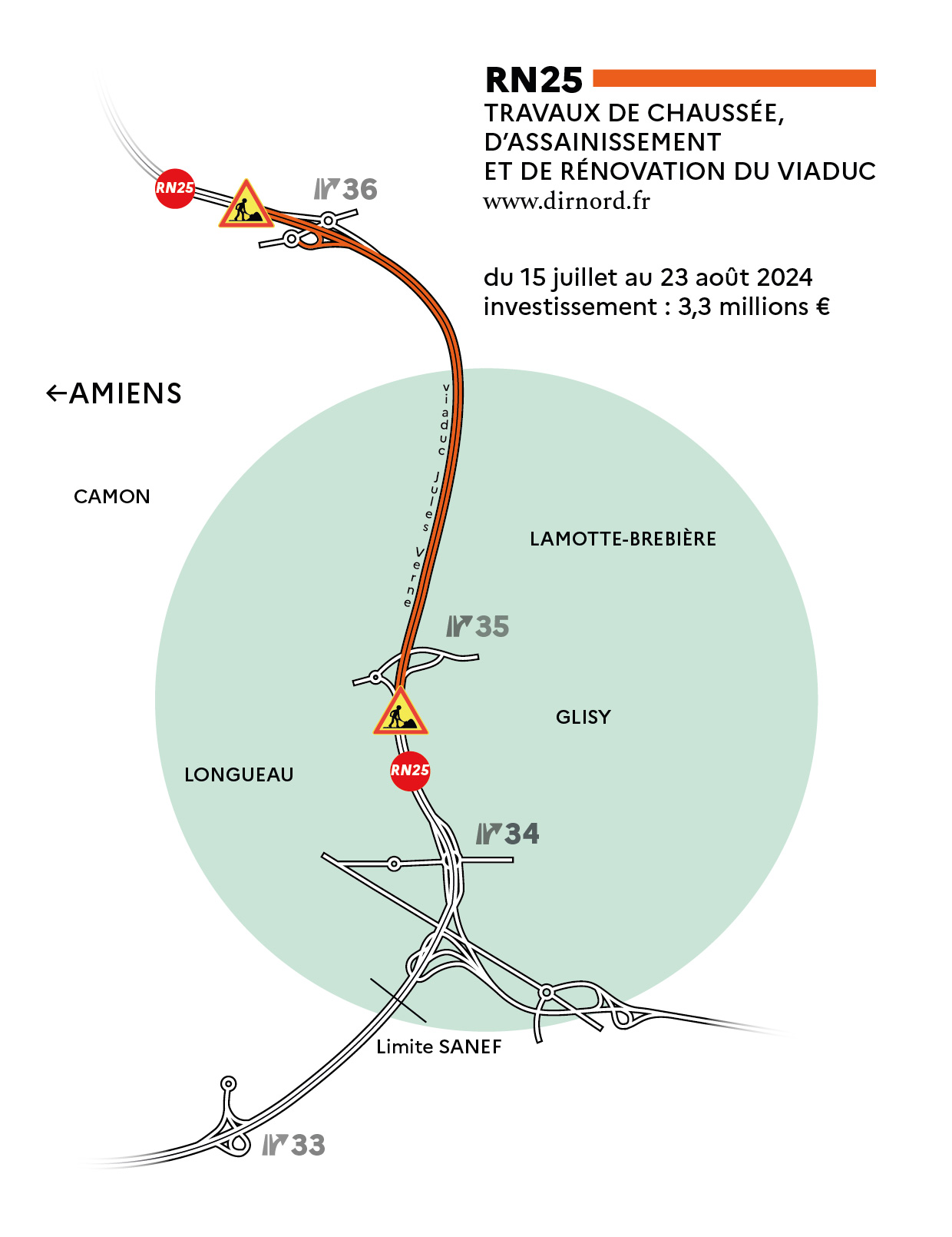 Carte de situation - travaux RN25, viaduc Jules Verne - voir la transcription ci-dessous