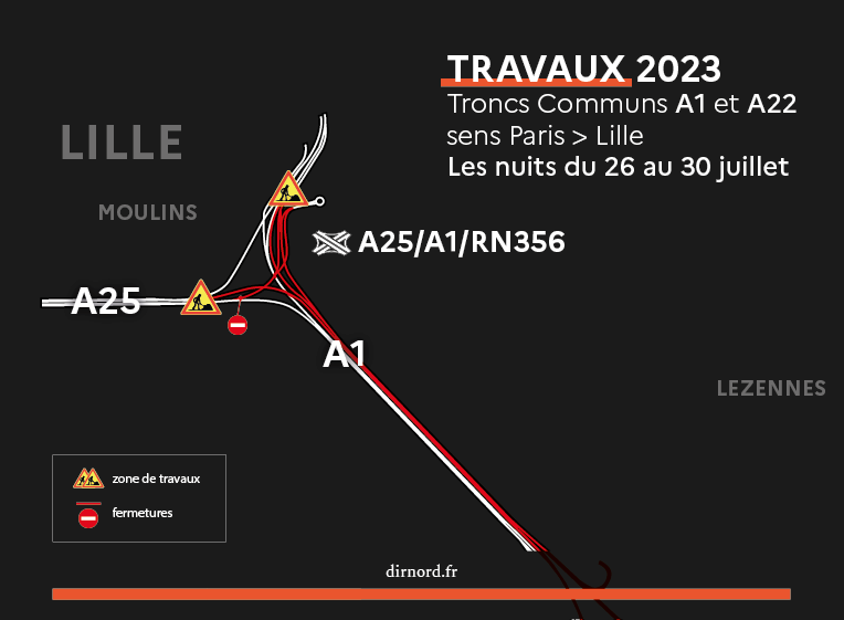 Carte travaux A1 - Les nuits du 26 au 30 juillet